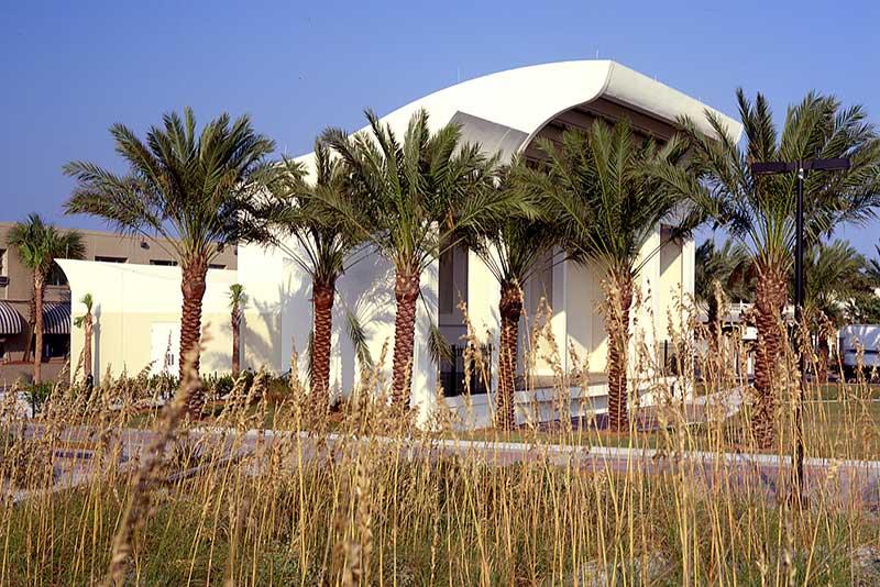 海行亭外景图. 棕榈树和高大的草遮蔽了建筑物的视野.